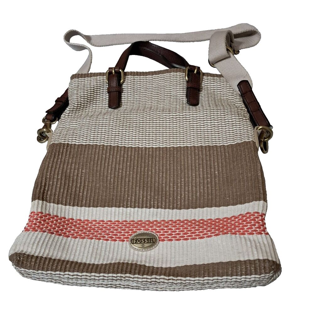 Fossil Explorer Messenger Bag Foldover Stripe Straw Leather Tote Crossbody Beach